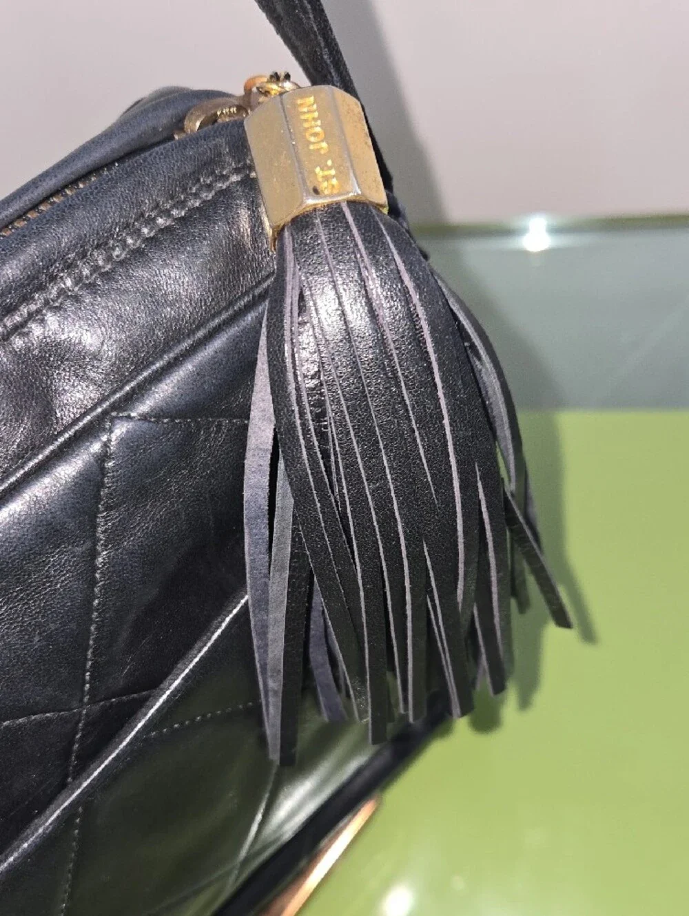 St. John Black Quilted Leather Crossbody Bag with Tassel